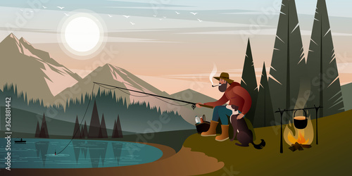 A bearded fisherman with a dog catches fish on a mountain lake. Scenes of summer at national park. Flat graphic vector illustration. © PayPau