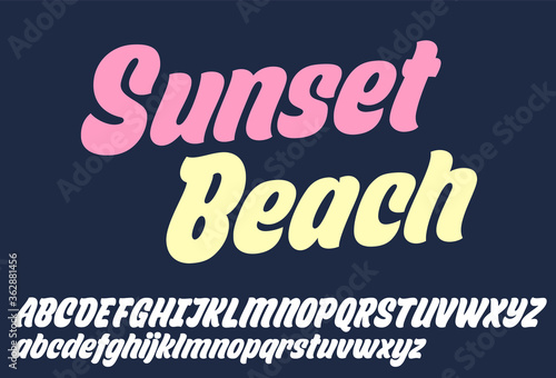 Sunset beach script design. Vector alphabet.