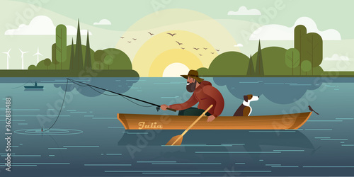 A bearded fisherman in a hat and a dog in a boat are fishing with a fishing rod. Summer scenes on the lake. Flat graphic vector illustration.
