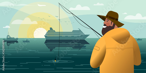 A bearded fisherman in a yellow jacket with a float fishing rod catches sea fish. Flat graphic vector illustration.