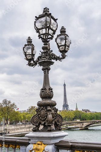 Art Nouveau lamps on famous Alexandre III Bridge in Paris. Alexandre III Bridge  with exuberant  cherubs  nymphs and winged horses at either end  was built in 1896 - 1900. Paris  France.