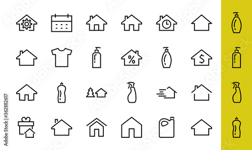 Simple set of line vector home icons. Contains house symbols at interest, infuse house and more. Editable stroke. 480x480 pixels perfect
