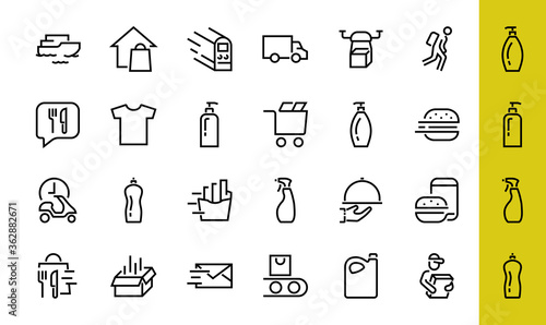 PIZZA DELIVERY, and Food Icon Set Vector thin line, contains courier, home delivery, food ordering, fast transport, drone, ship, car, editable stroke. ICONS circuits
