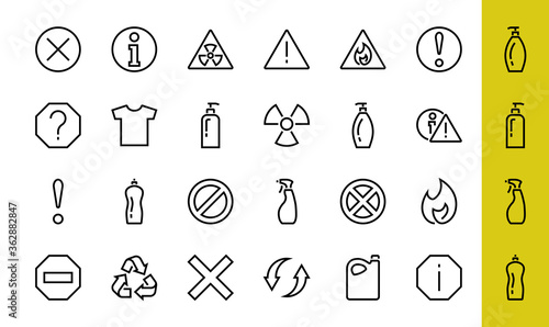 WARNINGS simple set of thin line vector icons. Contains icons such as warning, exclamation mark, reuse, warning sign and more. Editable stroke. Vector illustration