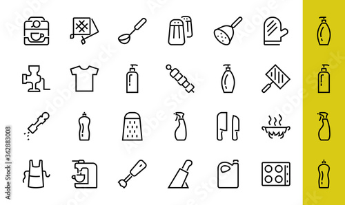 KITCHEN ICON Cooking process, Kitchen tools, Icon set, thin line vector has a blender, oven, knife, grater, barbecue, apron, barbecue, grill, coffee machine, kitchen glove, Editable stroke