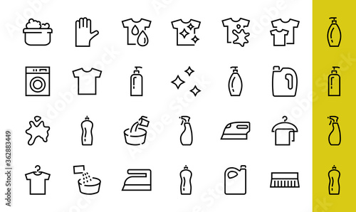 Simple set of washing related vector line Icons. Contains icons such as washing machine, powder, laundry, dirty t-shirt and much more. On a white background, editable stroke. 48x48 pixels perfect