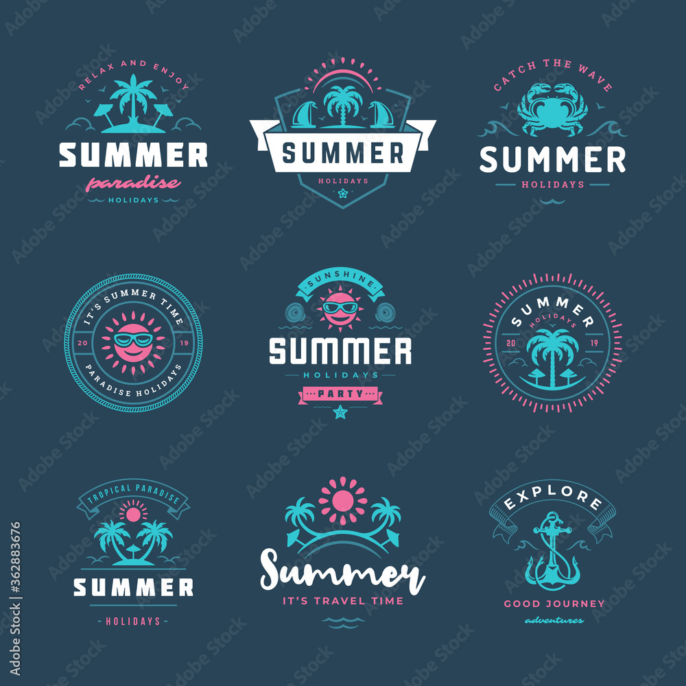 Summer holidays labels and badges retro typography design set.