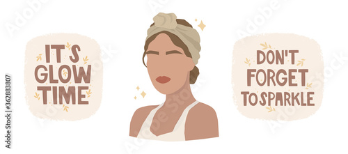 Set of vector illustrations. Handwritten lettering "don't forget to sparkle" and "it's glow time." A figure of a woman with jewelry and accessories. Minimalist portrait. Skincare, relaxation, makeup. 