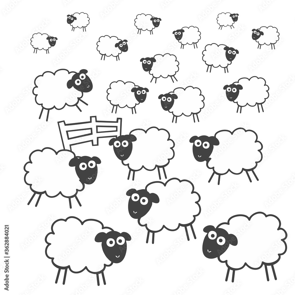 Pasture with fence, full of sheeps. Insomnia vector illustration isolated on white background Pasture with fence, full of sheeps. Insomnia vector illustration isolated on white background