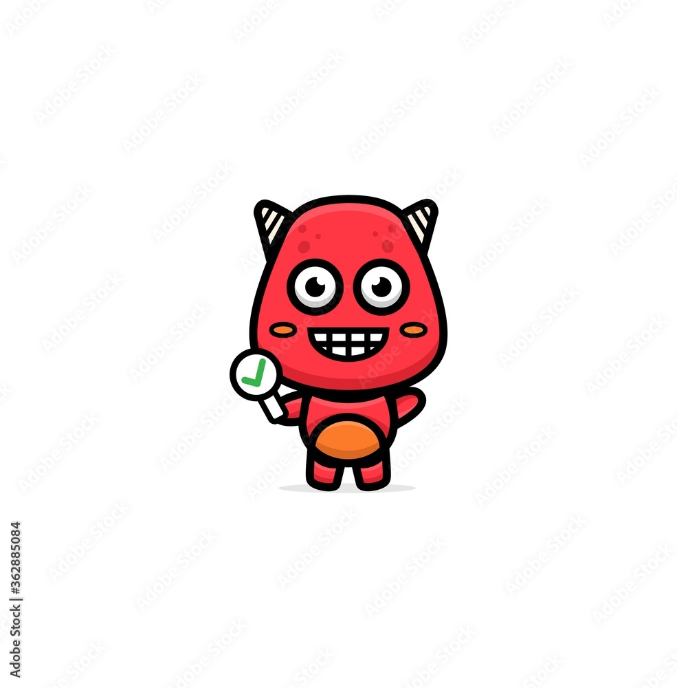vector Illustration of cute red monster holding tick or check sign vector Illustration of cute red monster holding tick or check sign