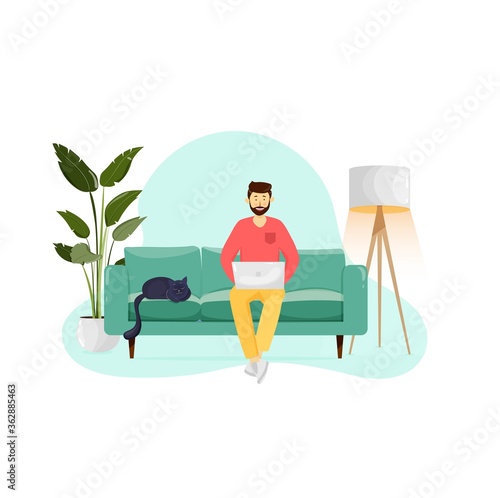 Young adult man sitting on a couch in living room with a cat, working or studying on laptop. Home office and freelance work concept. Vector illustration