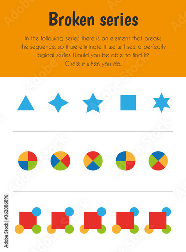 Broken series Educational Sheet. Primary module for Logic Reasoning. 5-6 years old. Educational Sheets Series