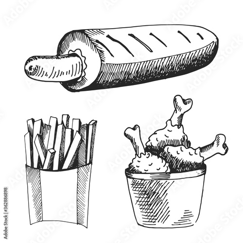 Hand drawn icons for food menu with hot dog, fried chiken feeds and French fries. Fast food vector. Great vintage line drawing sketch for coloring book, brochure or leaflet design
