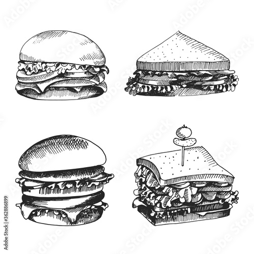 Hand drawn icons for food menu with burger and sandwich. Fast food vector. Great vintage line drawing sketch for coloring book, brochure or leaflet design