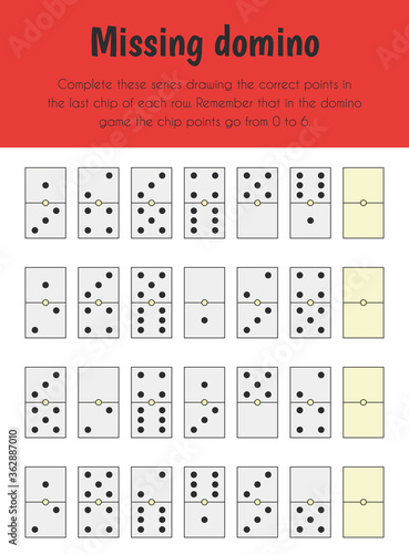 Missing domino Educational Sheet. Primary module for Logic Reasoning. 5-6 years old. Educational Sheets Series