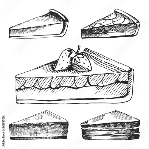Hand drawn icons for food menu with berry pies, cheese cake and other various types of pies. Fast food vector. Great vintage line drawing sketch for coloring book, brochure or leaflet design