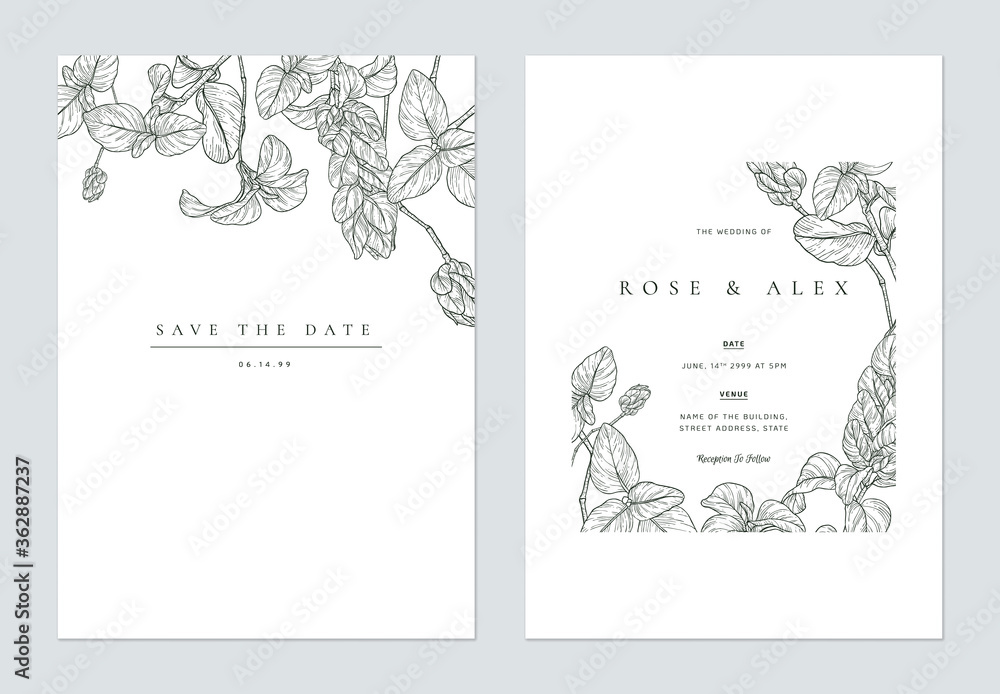 Floral wedding invitation card template design, vintage floral line art ink drawing on white