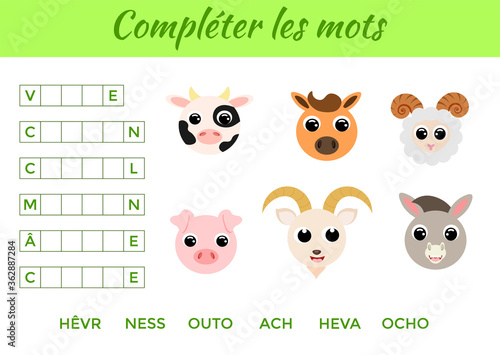 Compléter les mots - Complete the words, write missing letters. Matching educational game for children with cute animals. Educational activity page for study French. Isolated vector illustration.