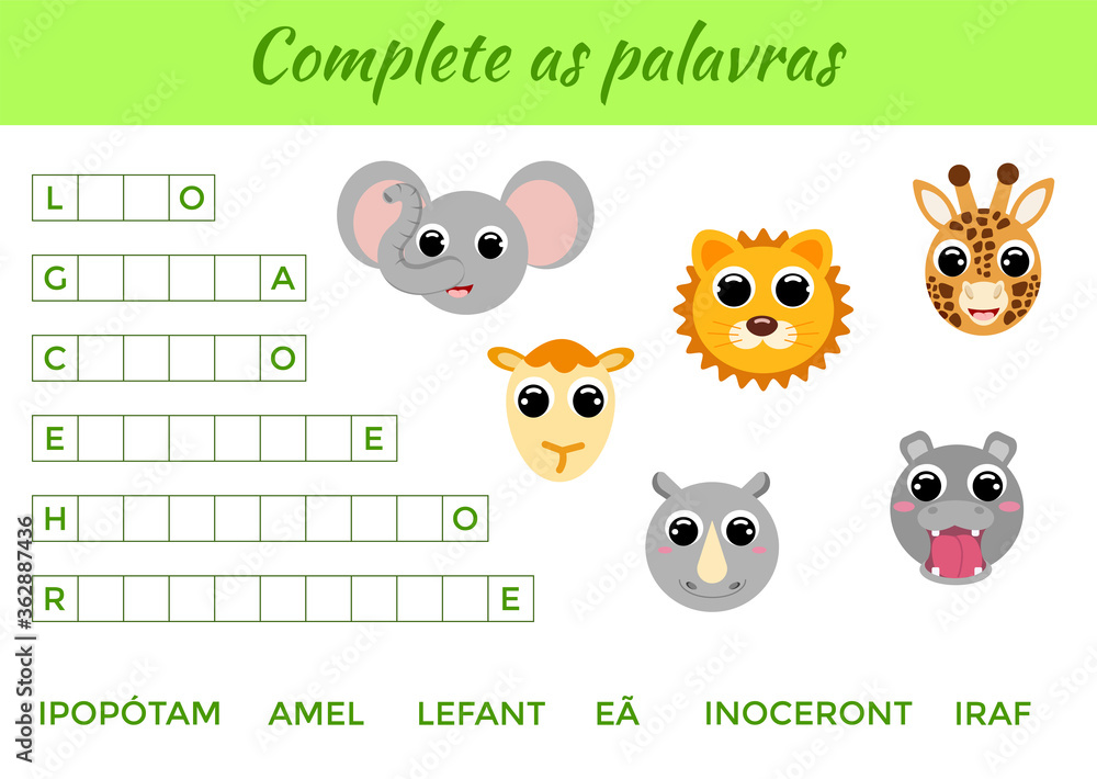 Complete the words, write missing letters. Matching educational game for children with cute animals. Educational activity page for study Portuguese. Isolated vector illustration. Complete the words, write missing letters. Matching educational game for children with cute animals. Educational activity page for study Portuguese. Isolated vector illustration.