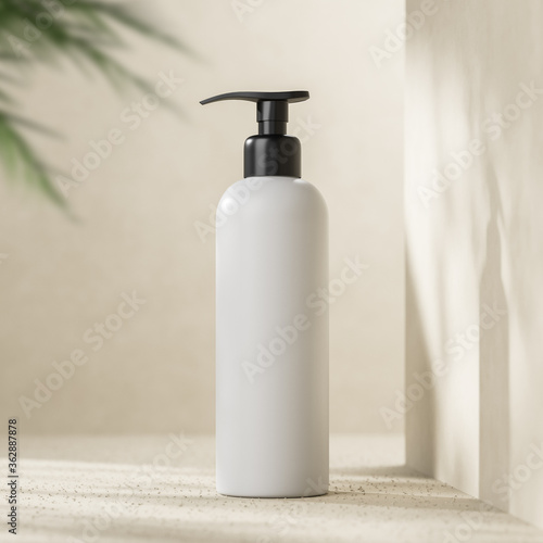 White tube with a diffuser for cream, lotion, shampoo, gel on a light background with shadows. Presentation concept of a cost-effective product. Mock up. 3d rendering