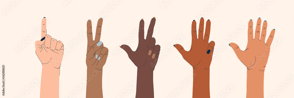 Vector set of female hands of different nationalities and gestures on an isolated background. The concept of feminism, the struggle for freedom, independence, equality. International Womens Day Vector set of female hands of different nationalities and gestures on an isolated background. The concept of feminism, the struggle for freedom, independence, equality. International Womens Day