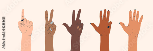 Vector set of female hands of different nationalities and gestures on an isolated background. The concept of feminism, the struggle for freedom, independence, equality. International Womens Day