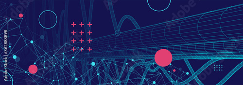 Vector abstract background with a wireframe dynamic pipes, line and particles. Plexus effect.