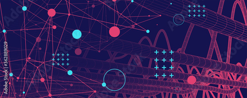 Vector abstract background with a wireframe dynamic pipes, line and particles. Plexus effect.