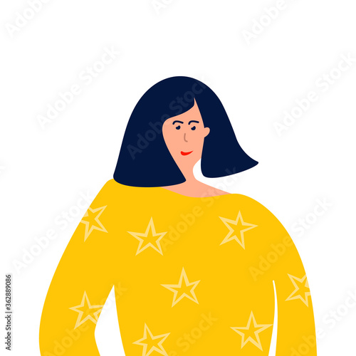 The face of a brunette girl on white background. Portrait of woman with black hair. Vector flat illustration for social media