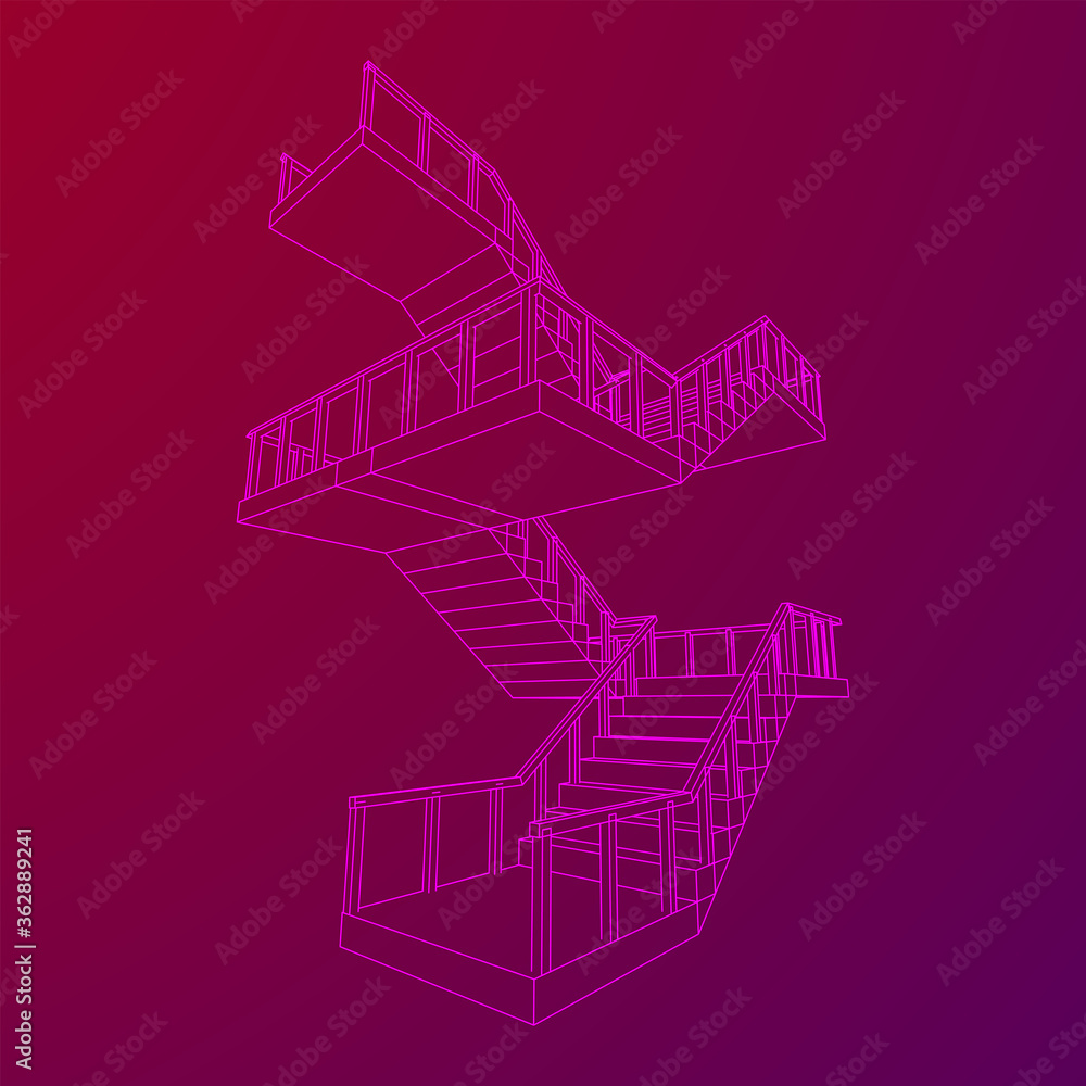 Wireframe stairs, interior staircases steps with railing. Wireframe low poly mesh vector illustration. Wireframe stairs, interior staircases steps with railing. Wireframe low poly mesh vector illustration.