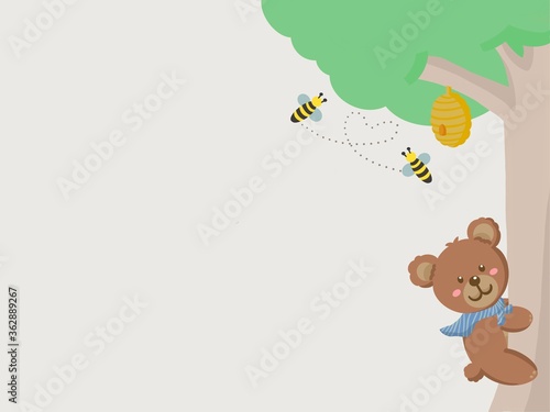 teddy bear climbing tree with bees and hive