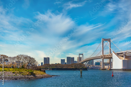 Bird Island of Odaiba Bay in front of the double-layered suspension Rainbow Bridge in the port of Tokyo with cirrus clouds in the sky.