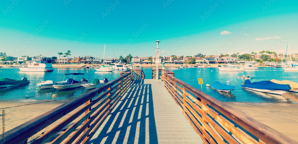 Wooden boardwalk in Balboa island, Newport Beach