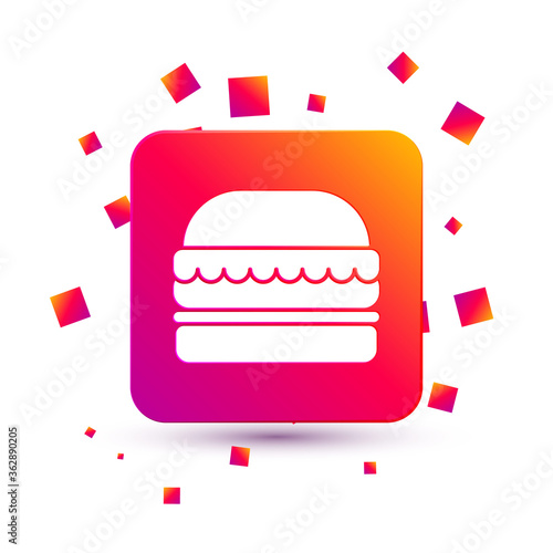 White Burger icon isolated on white background. Hamburger icon. Cheeseburger sandwich sign. Fast food menu. Square color button. Vector Illustration.