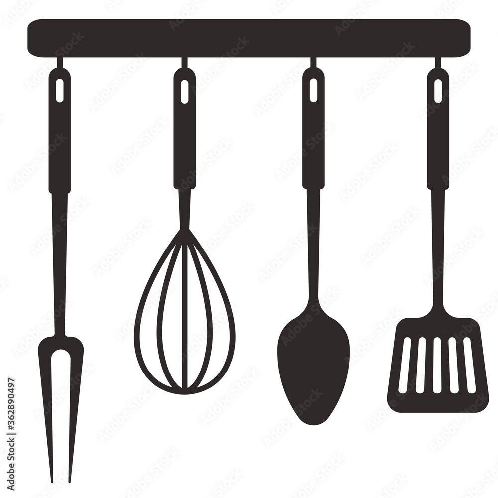 Kitchen tools on a hanger. . Isolated vector illustration on white background. Kitchen tools on a hanger. . Isolated vector illustration on white background.