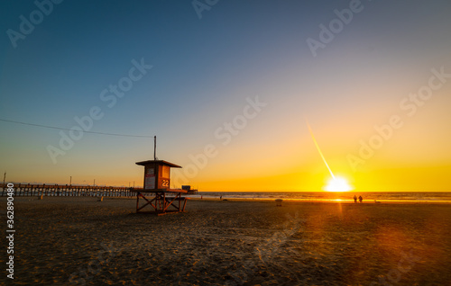Lifeguard tower in Newport Beach at sunset