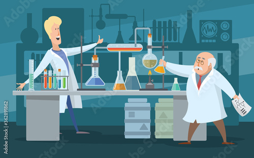 Two scientists in the laboratory, cartoon color illustration.