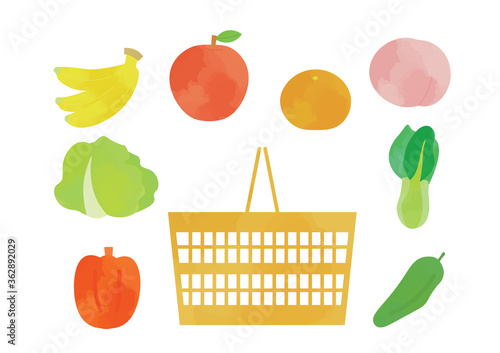スーパーの果物・野菜と買い物カゴのイラスト