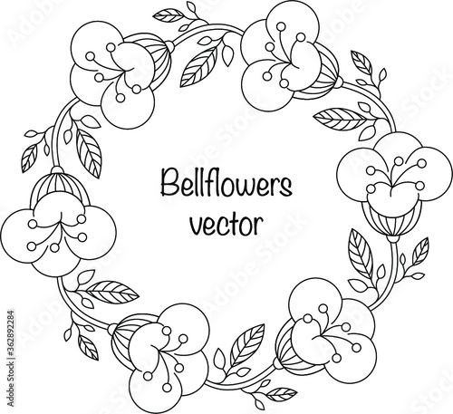 Vector vintage black and white illustration with bellflowers isolated on a white background. Template for cards. 