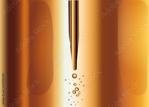 Yellow liquid dripping from glass pipette. Fading gold background