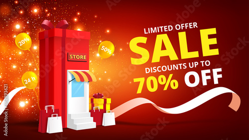 Online shopping concept with gift box store online.Digital marketing and sale banner background.
