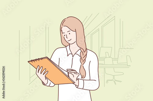 Business, work, examination concept. Young smiling businesswoman clerk manager cartoon character reading document report or contract at office. Profit analysis and financial paperwork illustration.