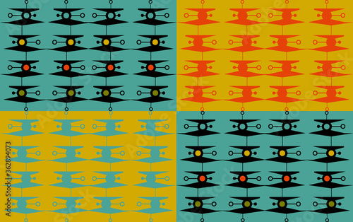 Abstract retro style pattern with geometric shapes. Yellow, red and blue color