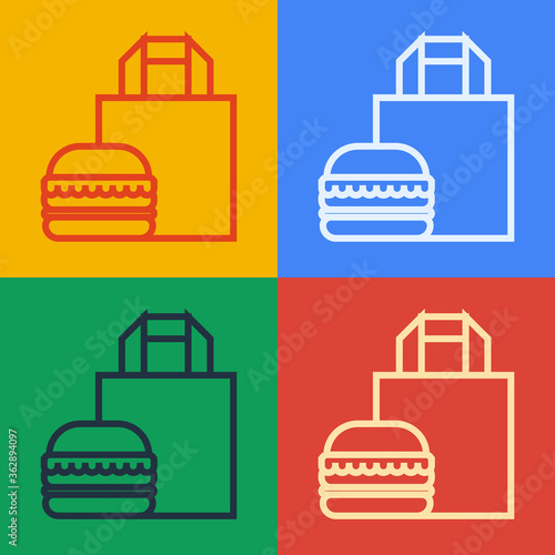 Pop art line Online ordering and burger delivery icon isolated on color background. Vector Illustration.