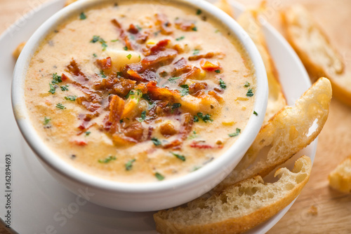 Soups. Homemade savory beef or chicken stock soups. Traditional classic american restaurant menu favorite. Bacon cheddar soups and chicken vegetable. 