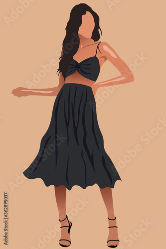 Glamorous tanned woman with long hair in black skirt, top and high heels