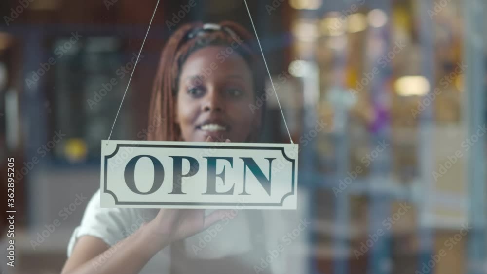 custom made wallpaper toronto digitalSmall business african female owner smiling while turning sign for opening of cafe