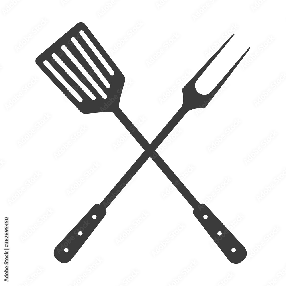 Grill tools icon. Crossed barbecue fork with spatula. Isolated on white background. Grill tools icon. Crossed barbecue fork with spatula. Isolated on white background.
