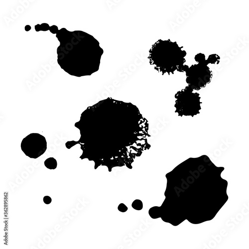 Black drawing ink blots set design. Watercolor splatter on white backdrop.  Abstract artistic vector illustration. Paint stain icon  isolated stamp texture set