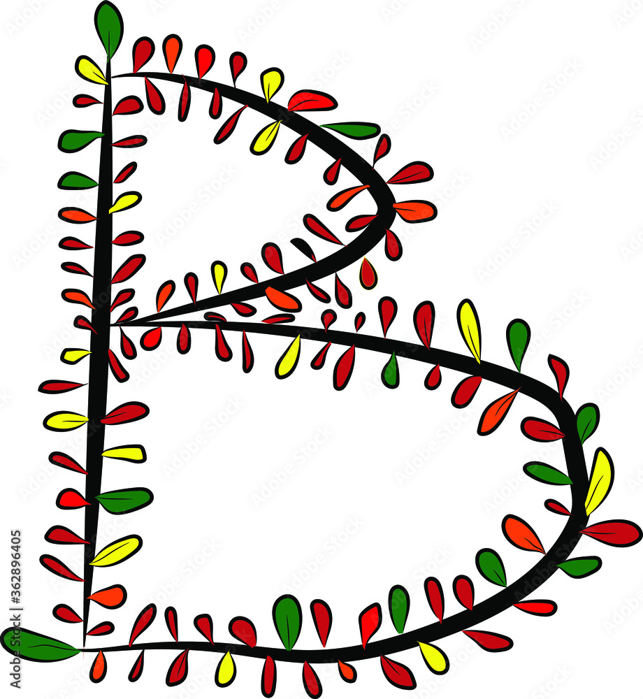 Colorful autumn Latin alphabet. The letter B is drawn by hand with a brush. Black branches and red, green, orange, yellow leaves. Foliage of a Bush. Vector image. Calligraphy and lettering.Eco, nature